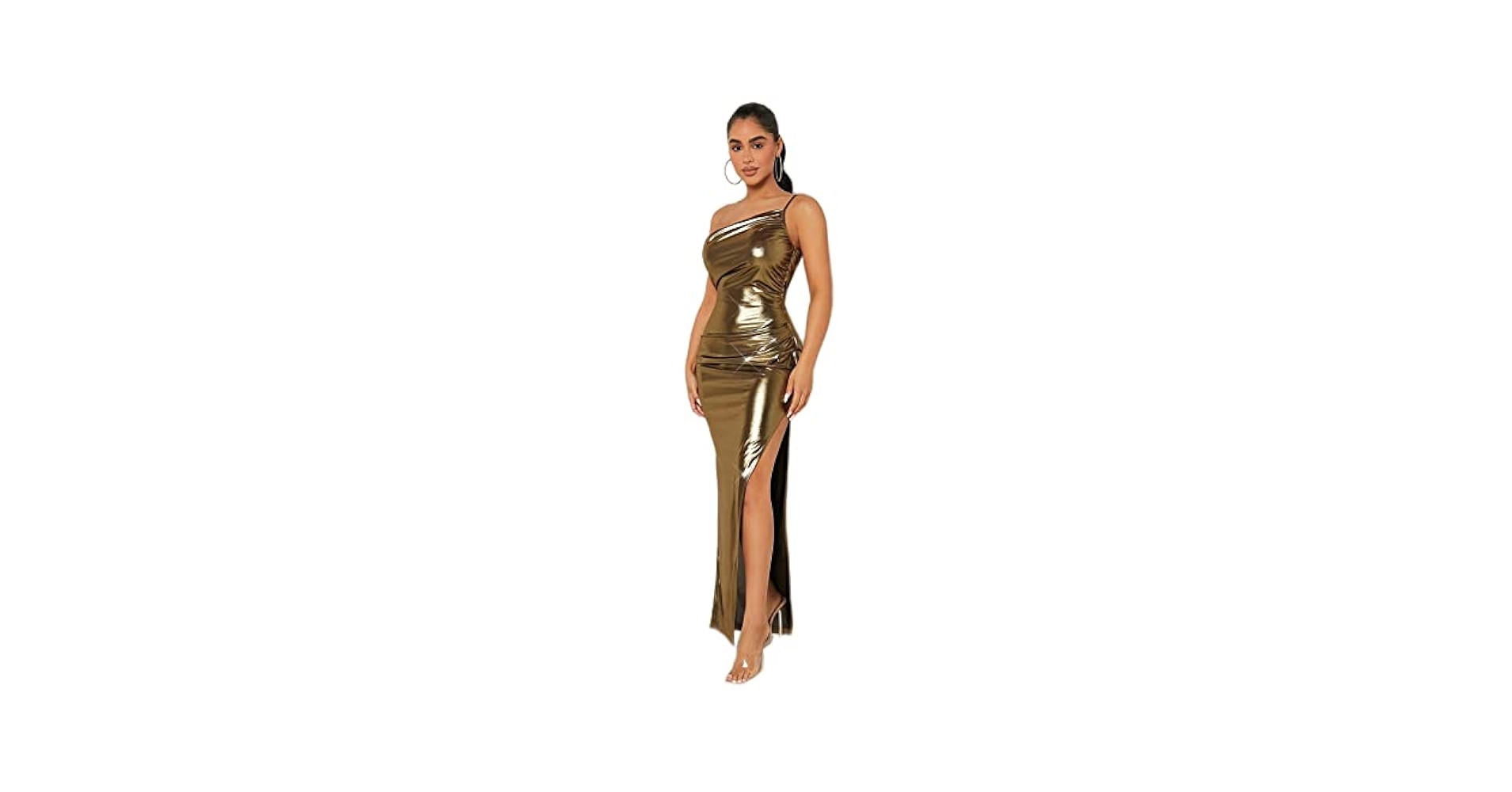 ワンピース GOLD TONE VISCOSE MAXI DRESS Wervot Women's Summer One Shoulder Ruched Split Thigh